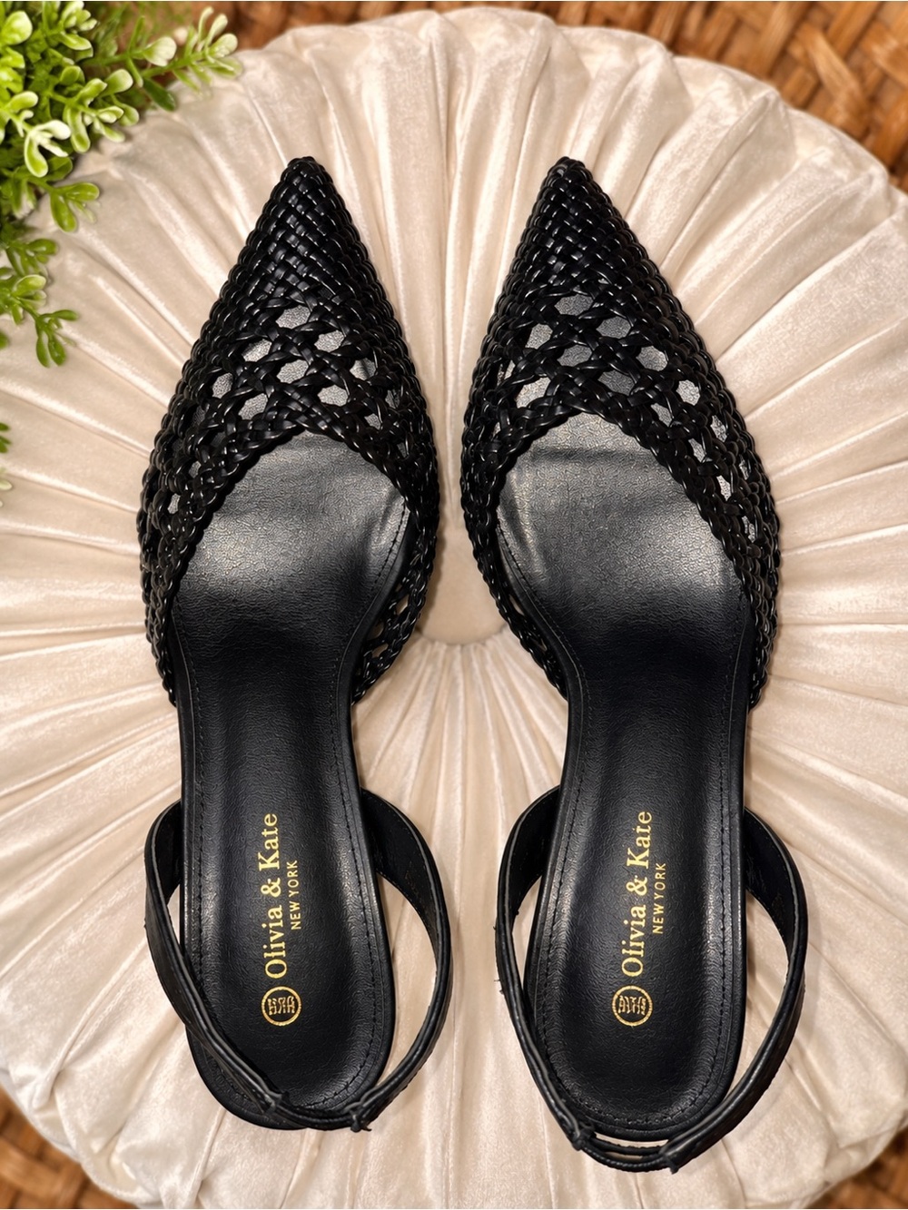 8.5 wide Olivia & Kate Black Woven Pointed Slingback Mules